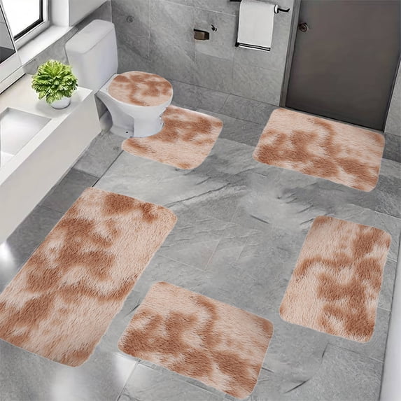 Tuvgenk Bathroom Rug Sets with Toilet Cover Non-Slip 6 Piece Khaki Bath Rugs Sets for Bathroom Floor Machine Washable Quick Drying U Shaped Floor Mats for Home