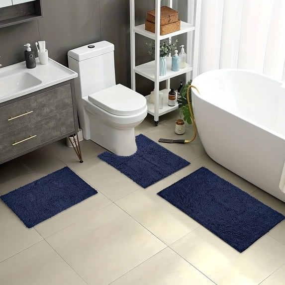 Tuvgenk Bathroom Rugs Sets 3 Piece Non Slip Absorbent Quick Dry Bath Mat Set Navy Blue 1'X2', 2'X2', 2'X3' Large U Shaped Toilet Contour Rug