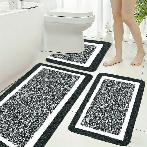 Tuvgenk Bathroom Rugs Sets 3 Piece Non-Slip Black Bath Mat Sets 3 Piece Toilet Fast Drying Water Absorbing Machine Washable Bathroom Floor Rug