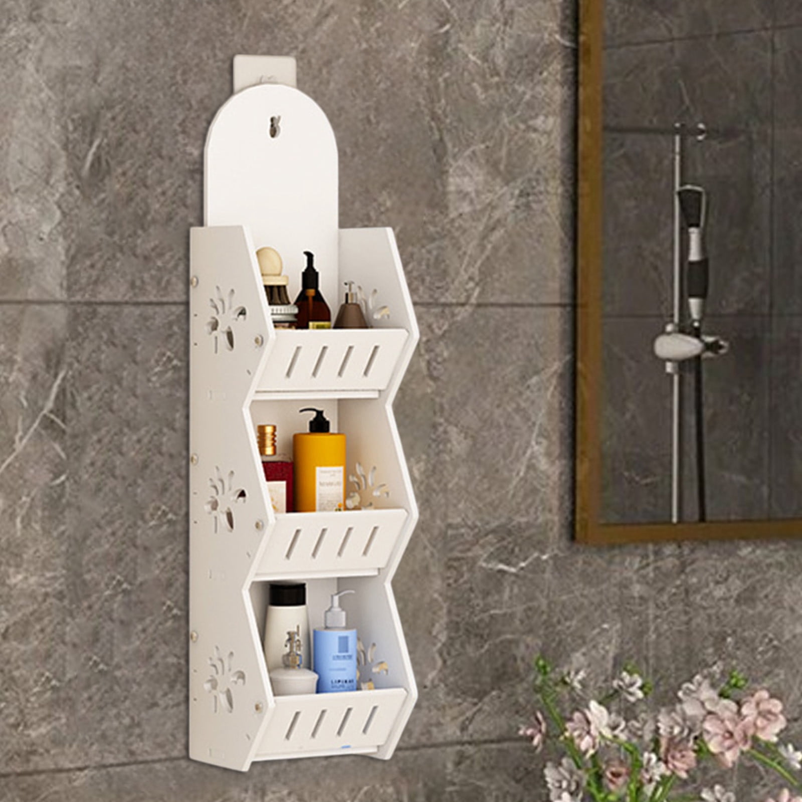 Tuvgenk Bathroom Shelf Organizer Three-Tier No Drill 18x5x3 inch Wall Mounted Bathroom Storage Organizer White Hanging Ring Hollow for Toiletry Towel