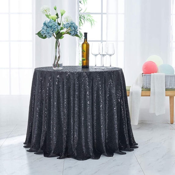 Tuvgenk Black Round Tablecloth 39.37 X 39.37 Inches Polyester Glitter Tablecloth Reusable Soft
