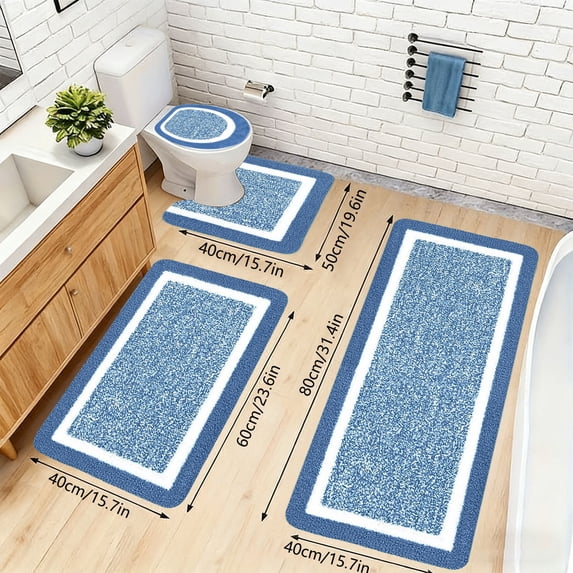 Tuvgenk Blue Bathroom Rugs Sets 4 Non-Slip Bathroom Rug Sets with Toilet Cover U Shaped Quick Drying Machine Washable Floor Mats for Home