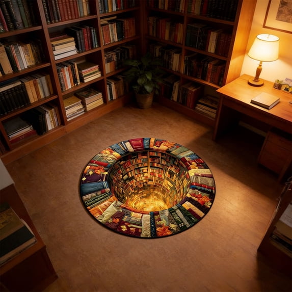 Tuvgenk Book Cave Optical Illusion Rug Round 23.6 In×23.6 In 3d Area Rugs Washable Decor Soft for House