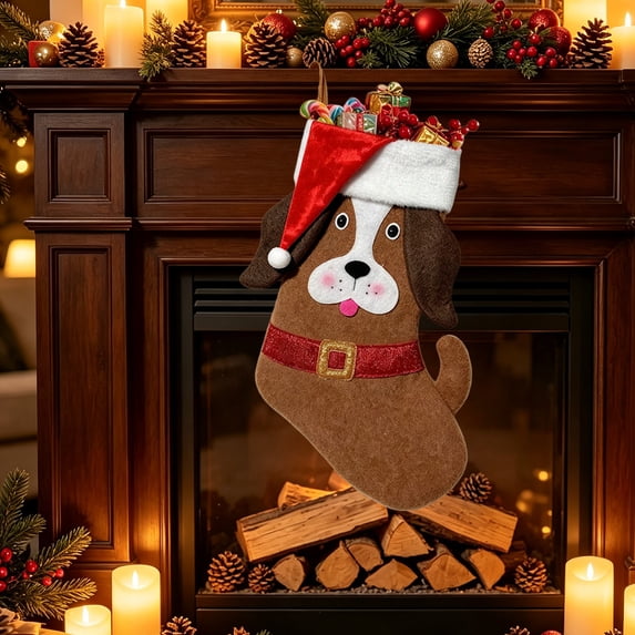 Tuvgenk Brown Dog Christmas Stocking, 17.7 inch Cartoon Puppy Xmas Stocking with Santa Hat, Bone Shape Pet Holiday Decor for Fireplace Mantel Tree