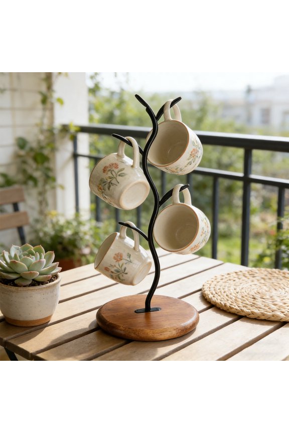 Brown Wood Tree Shaped Cup Storage Rack, 40cm Upside Down Holder, Kitchen Living Room Entryway Decor