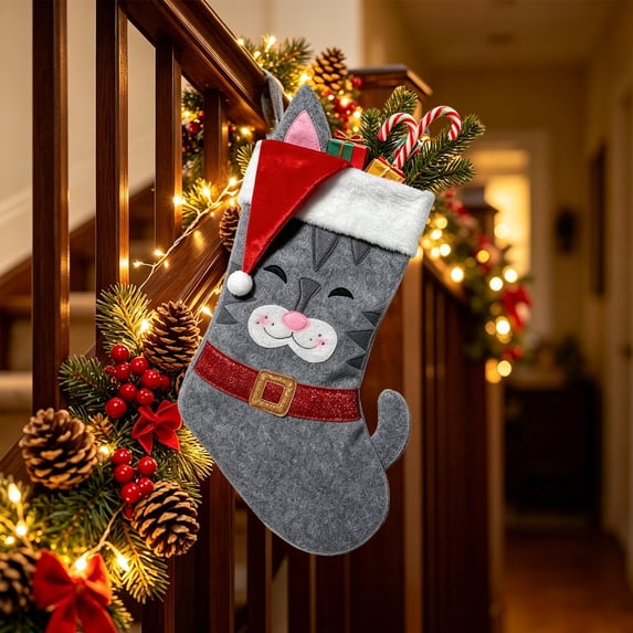 Tuvgenk Cat Christmas Stocking, 17.7 inch Kitten Xmas Stocking with Santa Hat, Kitty Holiday Decor for Fireplace Mantel Winter Home Party