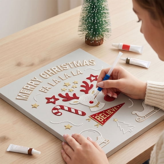 Tuvgenk Christmas Rhinestone Diamond Kit 16x12 inch Pearl Full Drill Art with Frame Canvas Beads Tools for Xmas Wall Decor