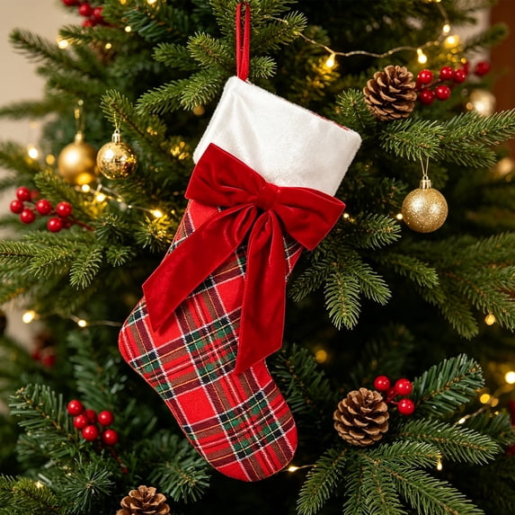 Tuvgenk Christmas Stockings Plaid Stockings Red Tartan with Velvet Bow White Cuff 18.11 inch Large Hanging Sock for Family Fireplace Xmas Tree Decor