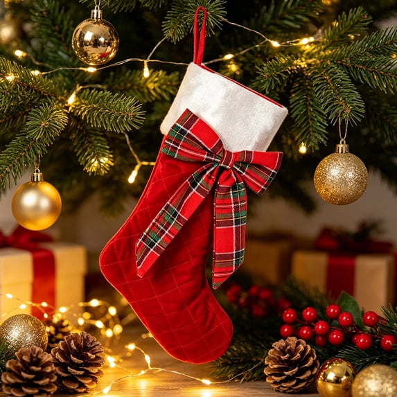 Tuvgenk Christmas Stockings Velvet Stockings Red Quilted with Plaid Bow White Cuff 18.11 inch Large Hanging Sock for Family Fireplace Xmas Tree Decor