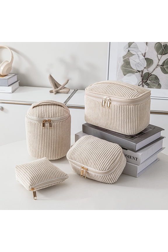 Corduroy Makeup Bag Set 4 Piece Portable Large Opening Travel Toiletry Bags Soft Khaki Storage Organizer for Cosmetics and Toiletries