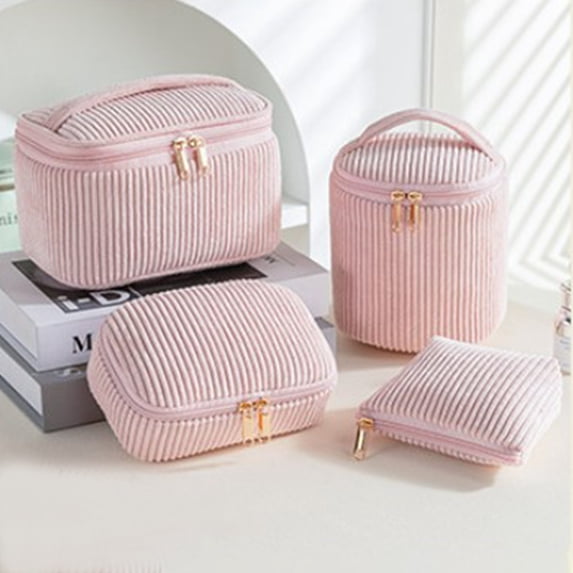 Tuvgenk Corduroy Makeup Bag Set 4 Piece Portable Large Opening Travel Toiletry Bags Soft Pink Storage Organizer for Cosmetics and Toiletries