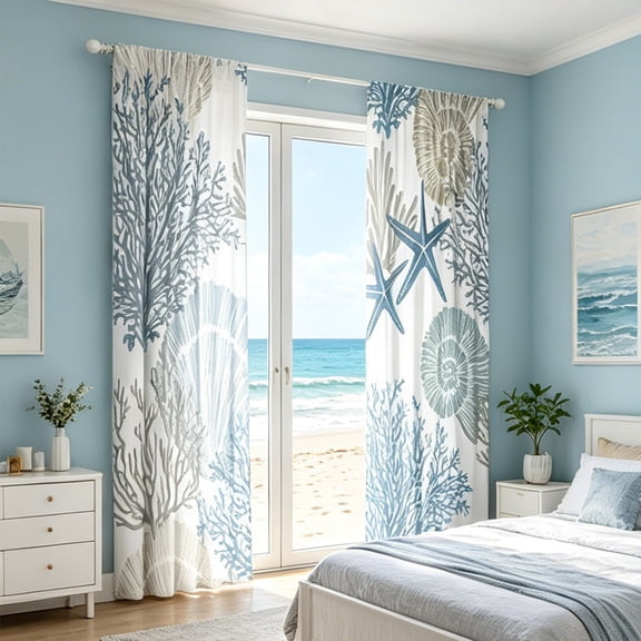 Tuvgenk Creative Underwater Line Shell Coral Print Curtain, Living Room Bedroom Atmosphere Decorative Window Curtain (Style B)