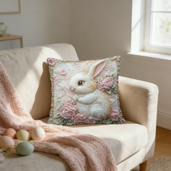 Tuvgenk Cute Rabbits 3D Printed Pillow Cover 18x18 Inches Faux Embroidery Decorative Throw Pillow Covers for Sofa Bed Easter