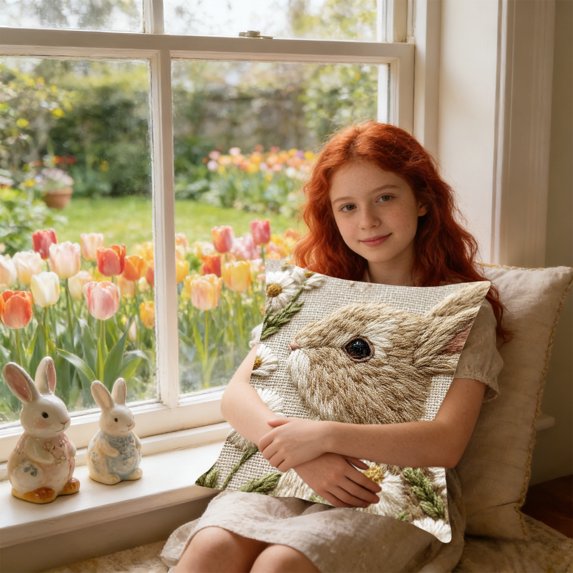 Tuvgenk Easter Bunny Pillow Cover 18x18 Inch Faux Embroidery Printed Decorative Throw Pillow Covers for Sofa Chair Home Decor