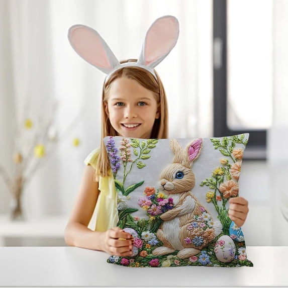Tuvgenk Easter Pillow Cover 18x18 Inch Bunny Egg Print Embroidery Style Decorative Throw Pillow Case with Zipper for Couch
