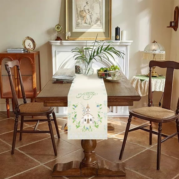 Tuvgenk Easter Table Runner Sage Green Flax Spring Table Runners Floral 35.4x13 inch Farmhouse for Home Party Decor