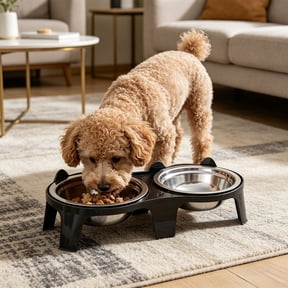 Tuvgenk Elevated Iron Double Cat Bowl Set, Tilted Neck Protection Feeder with Food & Water Bowls, Non-Slip Base for Cats Dogs, Black