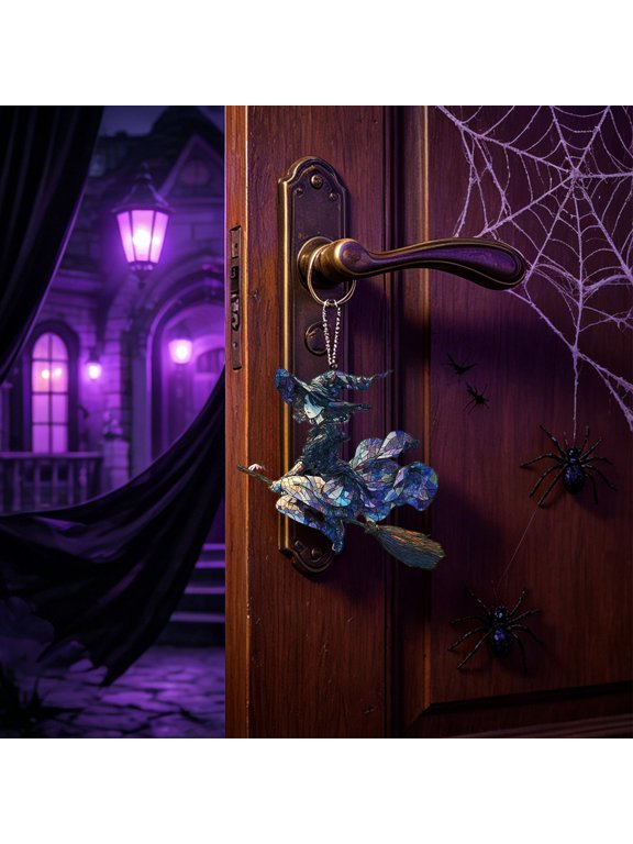 Enchanting Witch Window Garden Art Hanging Ornament Acrylic Pendant for Backpack Keychain Halloween Gift Blue