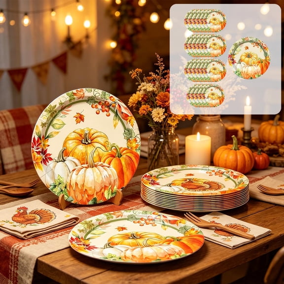 Tuvgenk Fall Pumpkin Paper Plates 24-Pack 7 inch Disposable Dinnerware for Thanksgiving and Autumn Parties