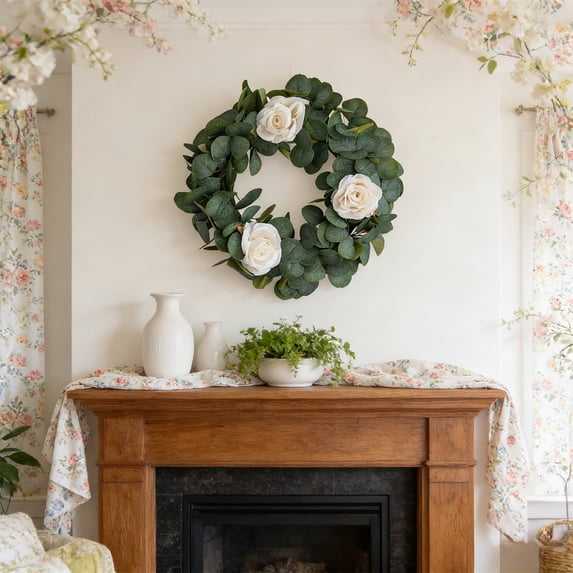 Tuvgenk Front Door Wreath Spring Wreath Plastic Artificial Flower White 17x17 inch Hanging Door Sign Home Decor