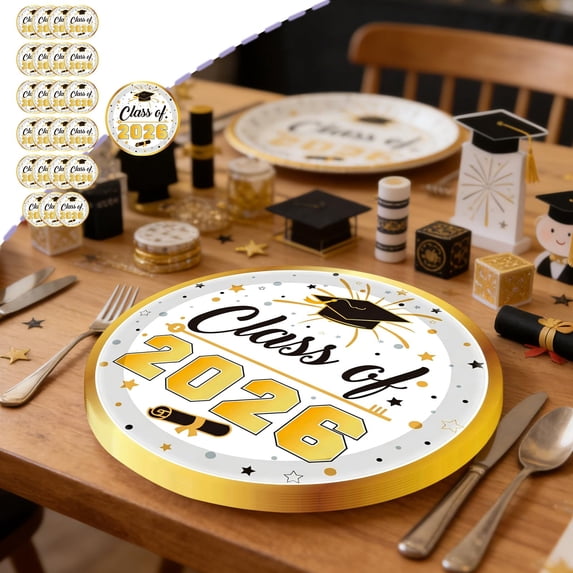 Tuvgenk Gold Graduation Disposable Tableware 24PC Paper Plates Set for Party Dessert Appetizer and Celebration Dining