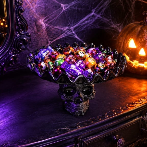 Tuvgenk Gothic Skull Base Resin Fruit Tray, Wavy Rim Pedestal Snack Candy Plate for Halloween Table Centerpiece Party Decor