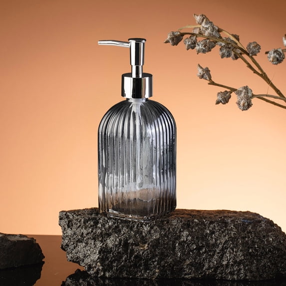 Tuvgenk Gray Glass Lotion Pump Dispenser, Refillable Ribbed Hand Soap Bottle for Kitchen, 350ml Leak-Proof with 304 Pump