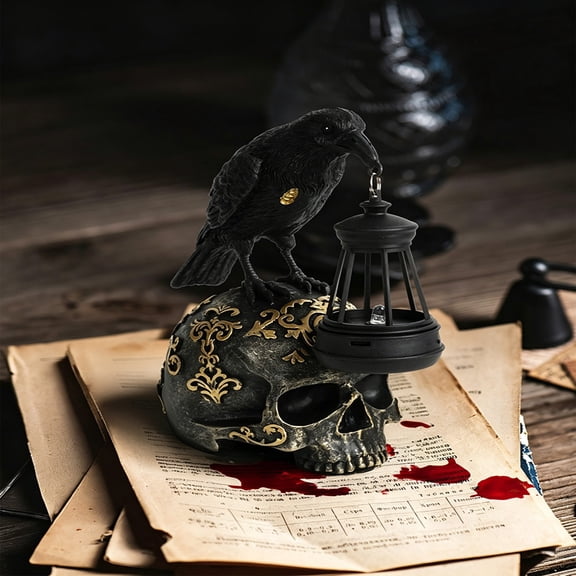 Tuvgenk Halloween Crow Skull Resin Figurine Solar-Powered Spooky Decor For Desktop And Garden With Glow Effect