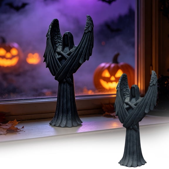 Tuvgenk Halloween Dark Gothic Angel Resin Statue Mysterious Black Sculpture Indoor Mantel Shelf Desktop Dark Style Collectible Decor Ornament