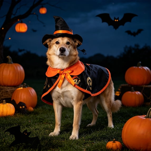Tuvgenk Halloween Pet Cloak and Hat Set for Large Dogs Cats with Pumpkin Print Adjustable Lightweight Cozy Dress Up L Black