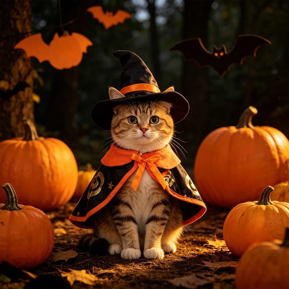 Tuvgenk Halloween Pet Cloak and Hat Set for Small Dogs Cats with Pumpkin Print Adjustable Lightweight Cozy Dress Up S Black