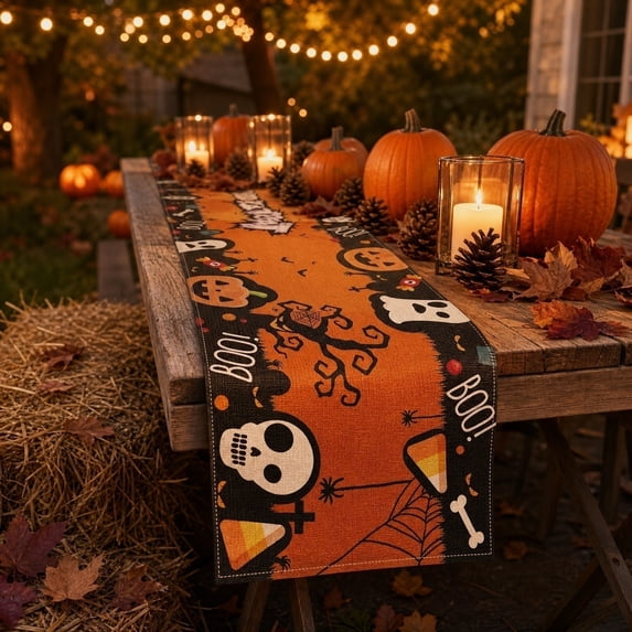 Tuvgenk Halloween Table Runner 72x14 Inch Spooky Ghost Spider Web Print Kitchen Dining Decor for Fall Party Coffee Table Accent
