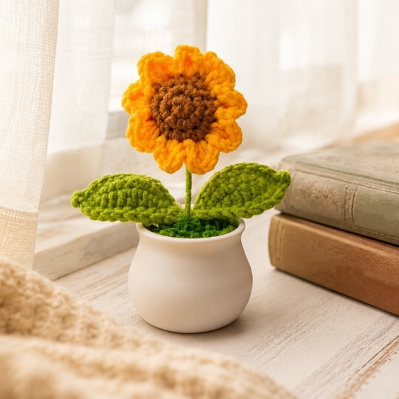 Tuvgenk Handmade Crochet Sunflower Potted Plant 4.7 Inch Mini Knitted Artificial Flower in Ceramic Pot for Car Desk Home Decor