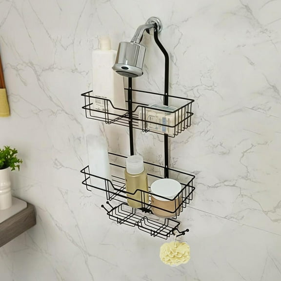 Tuvgenk Hanging Shower Caddy Organizer Adhesive Over The Shower Head Caddy with Soap Holder 2-Tier Rustproof No Drill Stainless Steel Storage Shelf