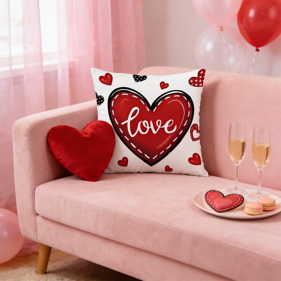 Tuvgenk Happy Valentine's Day Red Love Heart Throw Pillow Cover, 18 x 18 Anniversary Wedding Cushion Case Decoration for Sofa Couch