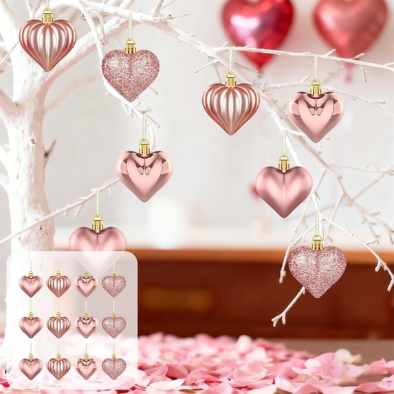 Tuvgenk Heart Ornaments Romantic for Valentines Day Decor Plastic 12pcs Heart Shaped Baubles Home for The Holidays