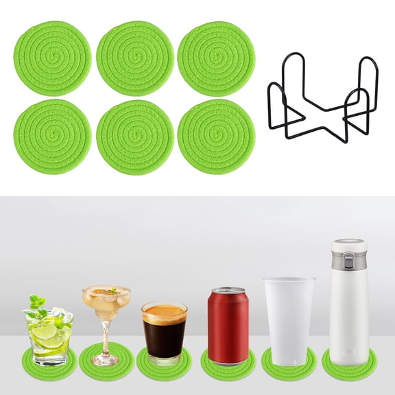 Tuvgenk Heat-Resistant Coasters Woven Set Of 6 Machine Washable Pot Mat Green Stain Resistant Waterproof Round Cotton Coasters Absorbent for Kitchen Dining Seasonal Holiday Decor
