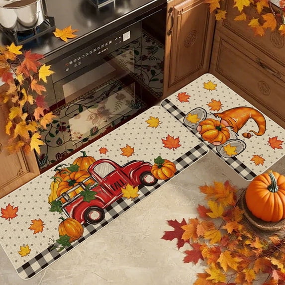 Tuvgenk Kitchen Mat Sets Decorative Thanksgiving Halloween Sets of 2 Anti Fatigue Kitchen Mat Fall Non-Slip Pumpkin Gnomes Kitchen Floor Mat 16x24+16x47 in