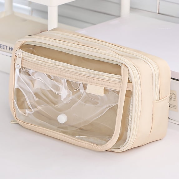 Tuvgenk Large Capacity Pencil Cases Beige Multiple Compartments Pencil Pouch Stain-Resistant Zipper Solid Cloth Cosmetic Bag for College