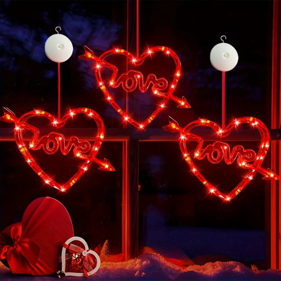 Tuvgenk Led Curtain Light Romantic Decor Heart Shape Suction Cup Mount for Wedding Party Window Wall Decor Red 10 Ft Plastic