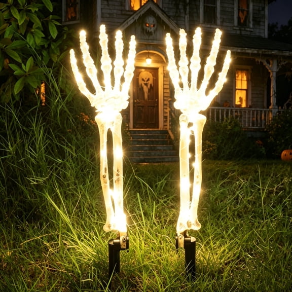 Tuvgenk Lighted Skeleton Hand Ground Stake Set 18 Inch Glowing Bone Yard Decor for Graveyard Garden Halloween Night Display