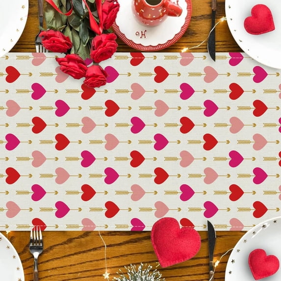 Tuvgenk Linen Valentines Day Table Runner Love Heart Multi-Size Holiday Table Runners Red Romantic Table Cover Birthday Wedding Anniversary Valentines Day Decoration