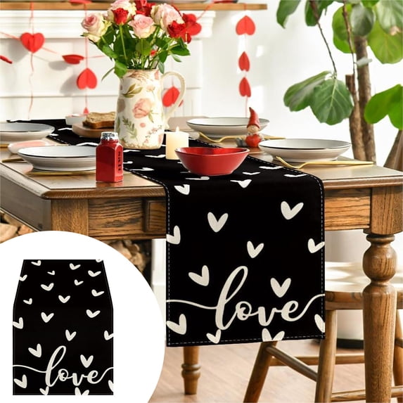 Tuvgenk Love Heart Valentines Day Table Runner Linen Multi-Size Dining Table Runners Romantic Black Table Cover Birthday Party Valentines Day Decoration