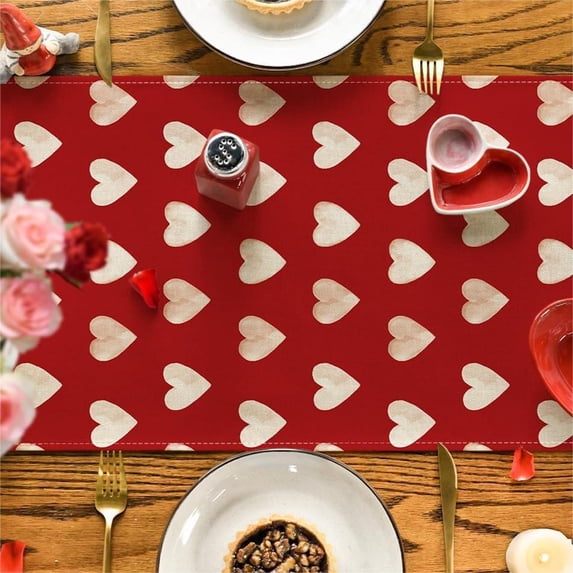 Tuvgenk Love Heart Valentines Table Runner Multi-Size Linen Holiday Table Runners Romantic Red Table Cover Birthday Wedding Valentines Day Table Decoration