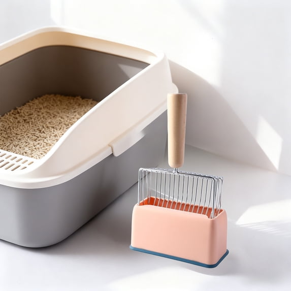 Tuvgenk Metal and Wood Cat Litter Scoop Set, Sturdy Construction with Fine Hole Sifter, Comfortable Handle and Included Storage Base