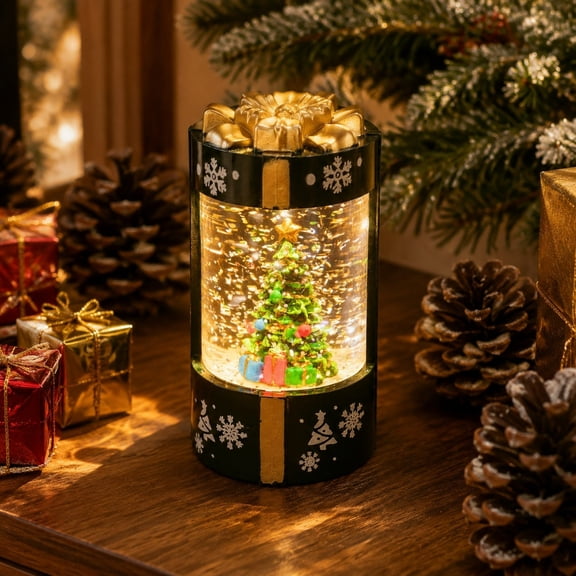 Tuvgenk Mini Christmas Tree Water Filled Glitter Snow Lamp Button Battery Operated House Light Vintage Tabletop Festival Home Party Decor Gift