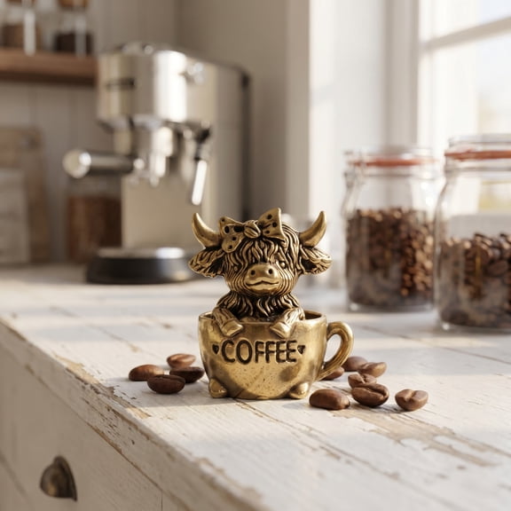 Tuvgenk Mini Coffee Cup Highland Cow Tabletop Decor Rustic Tiered Tray Accent Tiny Desktop Figurine Kitchen Counter Farmhouse Home Ornament Coffee Lover Gifts