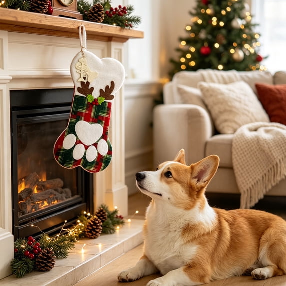 Tuvgenk Multi‑Color Plaid Dog Christmas Stocking,Paw Bone Pet Stocking with Reindeer Antler,16.1 in Holiday Hanging Decor for Fireplace,Xmas Present Sack