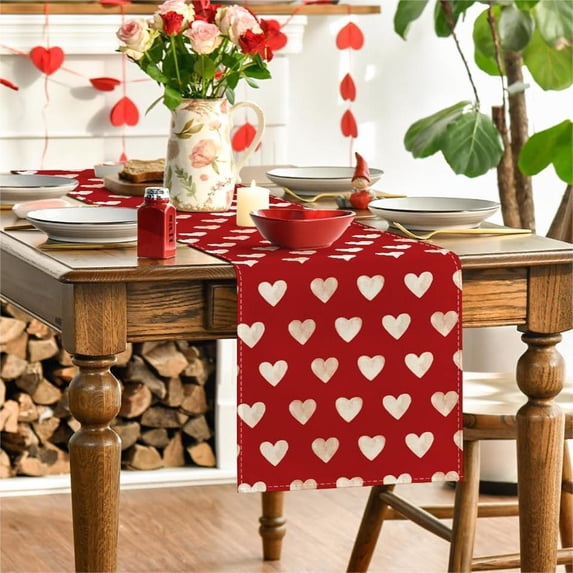 Tuvgenk Multi-Size Valentines Table Runner Love Heart Linen Holiday Table Runners Romantic Red Table Cover Birthday Wedding Valentines Day Table Decoration