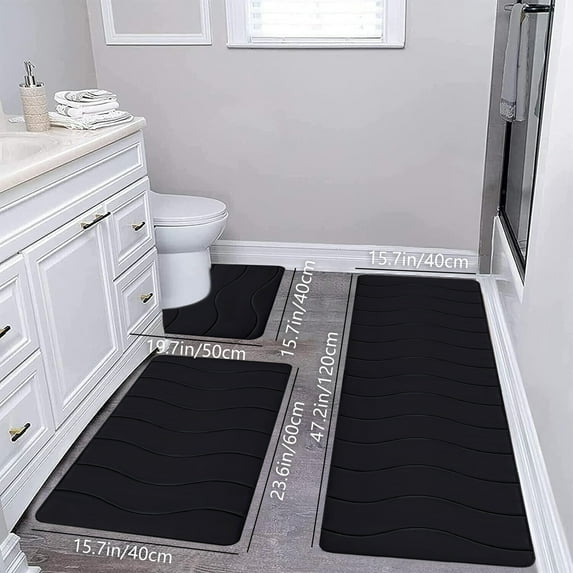 Tuvgenk Non Slip Bath Mat Set Water Absorbing 3 Piece Toilet Rugs U Shaped Black Long Bathroom Area Rug for Tub
